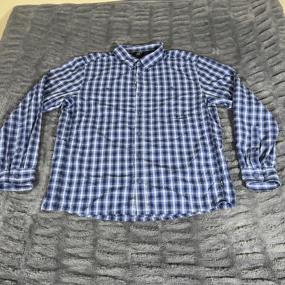 REI Co-op Mens Large Plaid Nylon Long Sleeve Hiking Shirt Blue Vented AP479‎